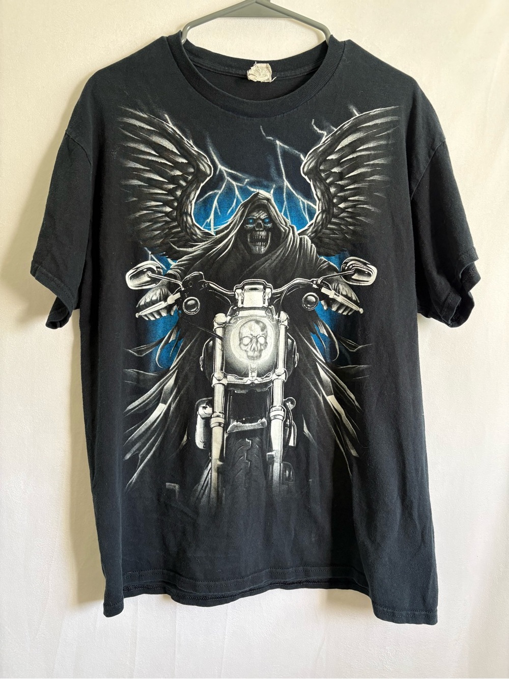 Black Graphic Tee with Grim Reaper Motorcycle Design y2k large